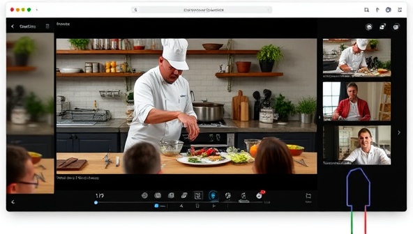 An online cooking class session featuring a chef demonstrating a culinary technique with fresh ingredients and kitchen tools, with a virtual audience following along and interacting through a live streaming platform, capturing the immersive and educational experience of ChefStream's online cooking classes.