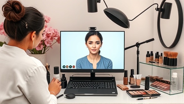 A modern and chic virtual beauty consultation setup with a professional makeup artist conducting a video session with a client, surrounded by a variety of beauty products and tools, creating a virtual glam experience.