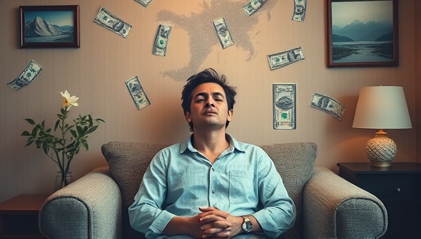 An emotionally resonant visual depicting a person in a therapy session, surrounded by money-related imagery and calming elements like nature scenes or relaxation symbols, evoking a sense of introspection and healing in financial matters.