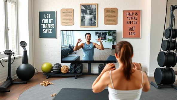An online fitness coaching session with a virtual trainer demonstrating exercise routines to a client via video call, surrounded by fitness equipment, motivational posters, and healthy snacks, creating a supportive and energizing workout environment that inspires progress and fitness success.