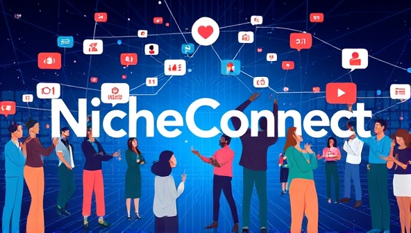 An artistic representation of a digital platform interface displaying a diverse array of niche influencers and brands connecting and collaborating, symbolizing the unity and synergy created through NicheConnect.