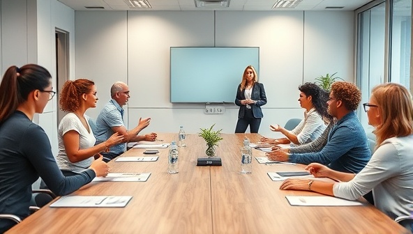 A boardroom setting with a diverse group of engaged employees participating in a corporate wellness workshop, featuring a mix of fitness activities, stress-relief exercises, and team-building sessions, reflecting a positive and collaborative work environment.