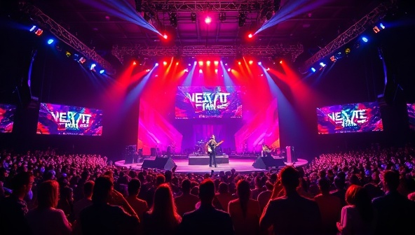 An electrifying virtual concert scene with a dynamic stage, colorful lighting effects, and passionate musicians performing live music to a virtual audience, capturing the energy and excitement of a music concert in a digital realm filled with music enthusiasts.