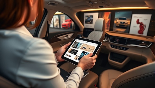An elegant mockup of a virtual car interior design consultation session, featuring a designer showcasing fabric swatches and design concepts on a digital tablet, surrounded by luxurious interior samples and mood boards, reflecting the sophistication and customization options offered by the service.