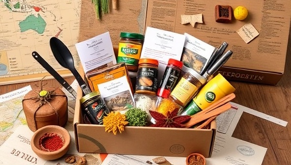An enticing subscription box overflowing with colorful spices, exotic ingredients, and recipe cards from different countries, surrounded by travel-inspired decorations and a world map, evoking a sense of culinary adventure and global exploration with Global Palate Explorer.