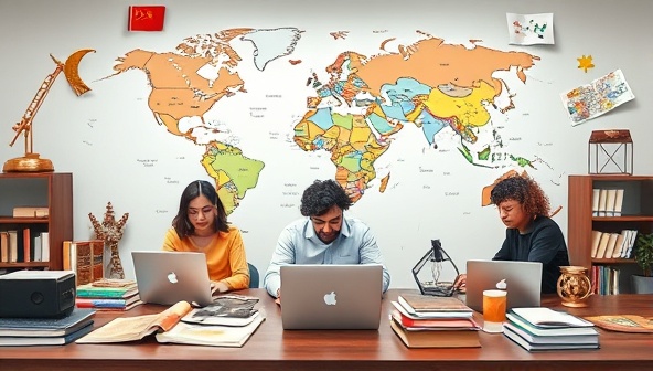 An engaging visual representation of a diverse group of translators working collaboratively on laptops in a virtual workspace, surrounded by world maps, language dictionaries, and cultural artifacts, symbolizing the unity of languages and shared knowledge.