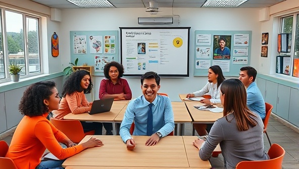 An engaging virtual classroom setting with diverse avatars representing students from around the world interacting in a dynamic language learning session, showcasing the platform's immersive and interactive features.