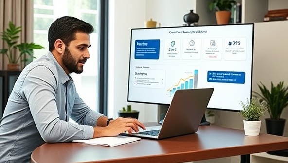 An entrepreneur at a desk with a laptop, engaged in a video call with a virtual CFO who is explaining financial strategies and growth opportunities, showcasing a collaborative and supportive partnership.