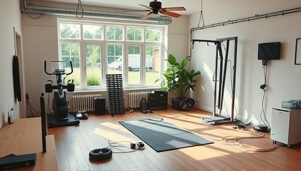 A home gym setup with energy-generating equipment in use, showcasing the blend of fitness and sustainability in a modern and active lifestyle.