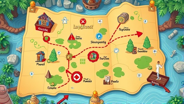 An engaging and vibrant illustration of a quest map with various checkpoints and rewards, symbolizing the interactive and gamified experience offered by LoyalQuest to customers and brands.