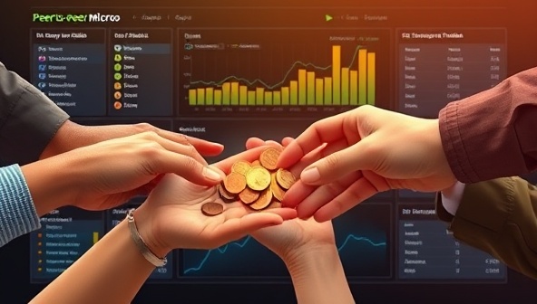 A dynamic visual of diverse hands exchanging pennies symbolizing the concept of peer-to-peer micro-investments, with a digital interface displaying investment portfolios and growth charts in the background, conveying trust and community-driven finance.