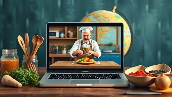 An enticing image of a virtual cooking class setup, showing a laptop screen displaying a chef demonstrating a recipe, surrounded by colorful spices, cooking utensils, and a globe in the background, symbolizing culinary diversity and global exploration.