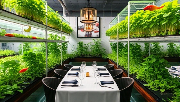 An elegant dining setting surrounded by lush aquaponics beds filled with vibrant greens and swimming fish, creating a serene and sustainable atmosphere that immerses guests in the farm-to-table experience.