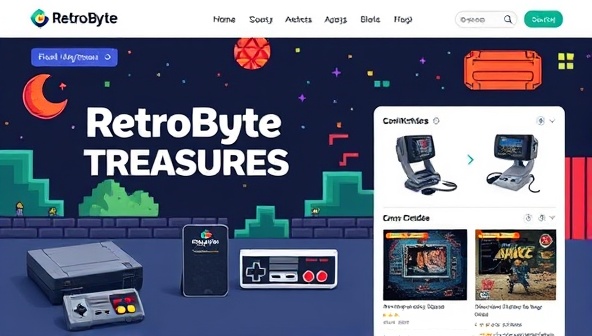 An online marketplace interface showcasing RetroByte Treasures with a retro gaming theme, featuring pixel art graphics, vintage gaming consoles, and collectible game cartridges, evoking a sense of nostalgia and gaming history.