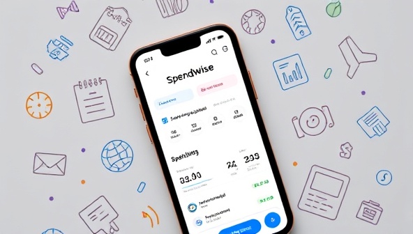 A smartphone screen displaying the SpendWise app interface, showcasing spending insights, budget tracking features, and personalized recommendations, surrounded by financial-themed graphics and icons, illustrating smart financial management.