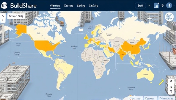 An interactive map on BuildShare Network displaying available resources such as cranes, scaffolding, and skilled labor in real-time across construction sites, highlighting the platform's user-friendly interface and resource optimization capabilities for construction projects.