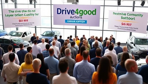 An inspiring visual featuring a diverse group of people bidding on vehicles in an online auction setting, with virtual charity banners and fundraising goals displayed prominently, conveying the spirit of generosity and community support fostered by Drive4Good Auctions' online platform.