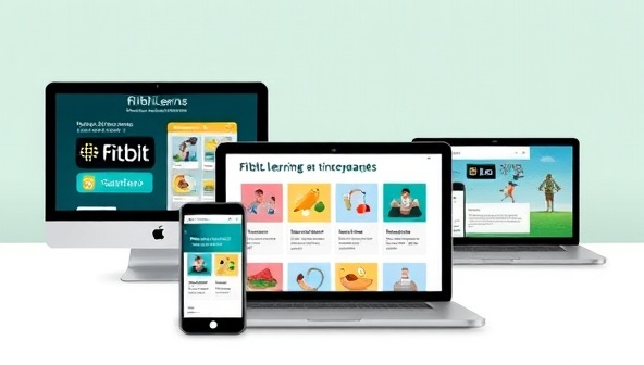 A dynamic digital illustration featuring FitBit Learn's platform interface with interactive microlearning modules, workout snippets, nutrition tips, and wellness advice, displayed on mobile devices, tablets, and laptops, catering to users seeking quick and engaging fitness education on-the-go.