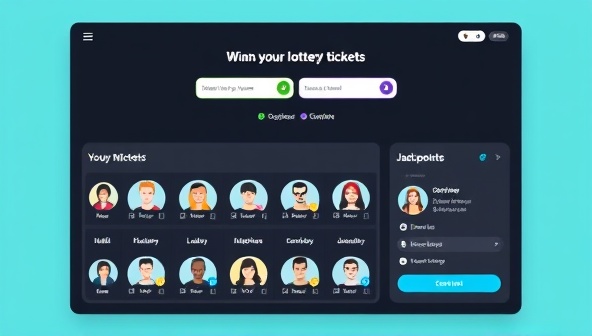 A digital platform interface displaying lottery ticket selections, group member profiles, and jackpot notifications, creating a user-friendly and collaborative environment for managing lottery pools and increasing winning possibilities.