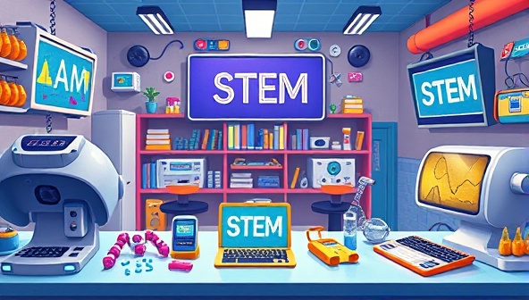 An imaginative illustration of virtual kids' workshop with colorful lab equipment, robots, and digital screens displaying STEM concepts, creating a vibrant and engaging learning environment.