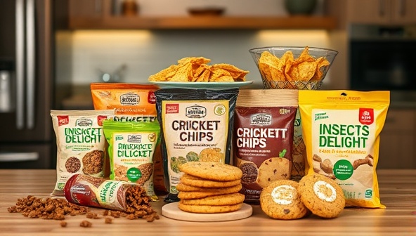 An appetizing display of insect-based snacks such as protein bars, cricket chips, and mealworm cookies, creatively presented in a modern kitchen setting, showcasing the delicious and nutritious offerings of BugBites Delight.