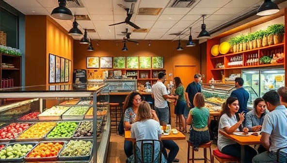 A vibrant and inviting fast-casual eatery with colorful plant-based dishes, fresh ingredients on display, and a diverse group of diners enjoying nourishing meals in a relaxed, modern setting, illustrating the concept of guilt-free, sustainable dining and culinary exploration.