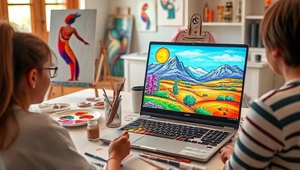 An artistic workshop setting featuring a virtual painting class with a talented instructor guiding participants through a colorful landscape painting, displayed on a laptop screen with vibrant paint palettes, brushes, and a canvas, inspiring creativity and artistic expression.