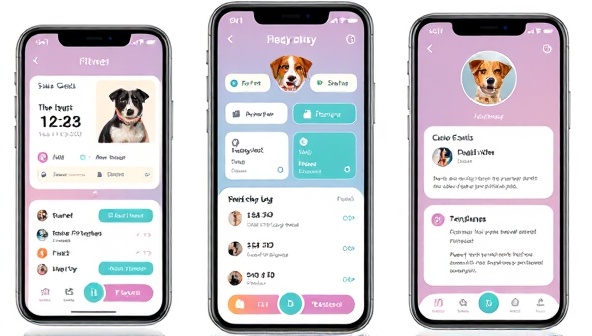An engaging mobile app interface showcasing a pet owner setting fitness goals for their dog, tracking daily activity levels, and receiving notifications on their pet's progress, emphasizing the interactive and motivational aspects of the app.