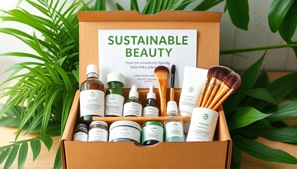 An aesthetically pleasing eco-friendly beauty box filled with natural skincare products, bamboo makeup brushes, and recyclable packaging, set against a backdrop of lush greenery and sustainable beauty slogans, reflecting a commitment to environmental preservation and beauty innovation.