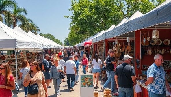 A bustling outdoor setting with colorful tents and displays showcasing handmade artisanal products, surrounded by diverse visitors browsing and engaging with the artisans, capturing the lively and vibrant atmosphere of a pop-up market.