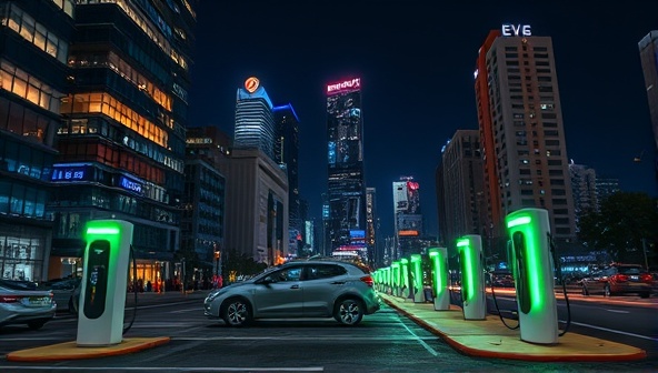 A vibrant cityscape with multiple EV charging stations illuminated at night, showcasing a futuristic and sustainable urban environment.