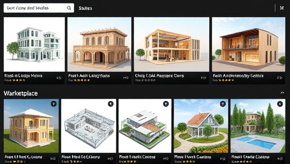 A digital storefront showcasing a variety of architectural assets for sale, including 3D models of buildings, interior elements, and landscaping designs, highlighting the diversity and creativity of the marketplace offerings.