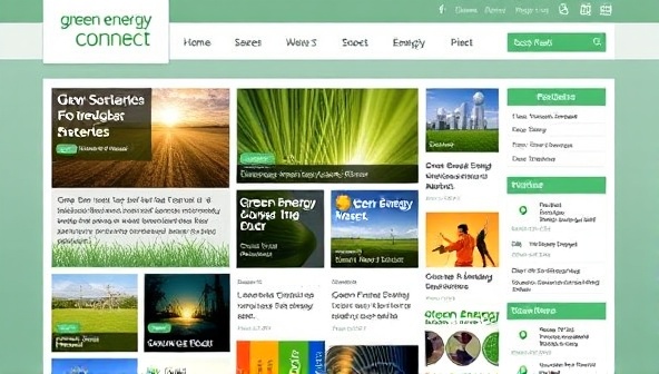 An engaging website layout for Green Energy Connect featuring a grid of blog post thumbnails, podcast episode covers, and vibrant eco-friendly graphics, inviting users to explore a diverse range of sustainable energy content and resources.
