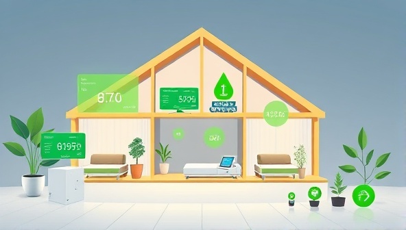 An illustration of a modern home with digital screens displaying energy consumption data, smart devices linked to the monitoring platform, and green energy icons symbolizing sustainability and innovation.