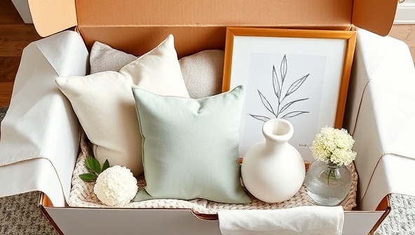 An elegantly designed subscription box filled with stylish decor items like throw pillows, vases, and wall art, arranged in an aesthetically pleasing manner, showcasing the concept of curated home staging delivered to your doorstep.
