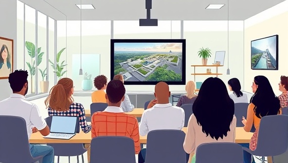 An illustration featuring a virtual classroom setting with diverse students attending an online sustainable architecture course, engaging in discussions and viewing digital presentations, highlighting the educational and interactive nature of the platform.