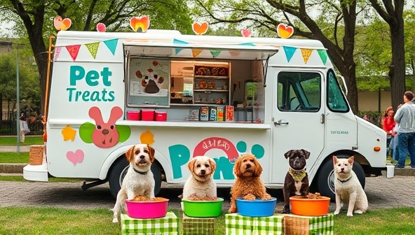 An adorable food truck designed with playful pet-themed decorations, serving up organic pet treats and meals in colorful bowls, with happy dogs and cats enjoying the offerings, set against a backdrop of a pet-friendly park, creating a joyful and pet-centric atmosphere.