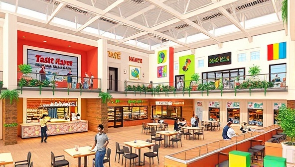 An architectural rendering of Taste Haven Marketplace showcasing a vibrant and bustling food hall with diverse food stalls, communal dining areas, and colorful decor, illustrating the concept of a dynamic and interactive dining destination where customers can explore and customize their culinary journey.