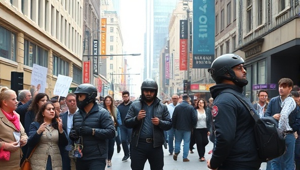 An urban street scene with performers interacting with a diverse crowd, using props and technology to engage the audience, evoking a sense of intrigue and excitement in a lively city setting.