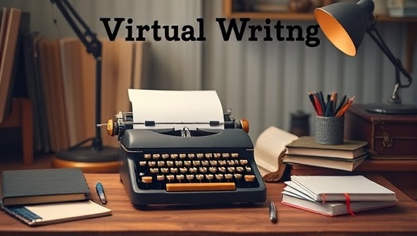 A virtual writing workshop setting with a cozy home office backdrop, featuring a vintage typewriter, a stack of notebooks, pens, and a warm desk lamp, evoking a nostalgic and inspiring atmosphere for creative writing sessions.