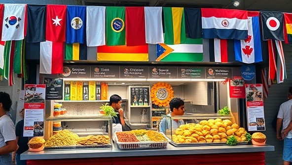 A bustling street food market stall adorned with colorful flags and decorations from various countries, featuring a diverse menu board showcasing fusion dishes such as Korean tacos, Indian-inspired wraps, and Brazilian empanadas, creating a vibrant and inclusive culinary hub for customers to savor global bites.