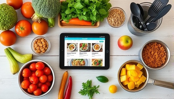 An organized meal prep station with fresh produce, cooking utensils, and personalized meal plans displayed on a tablet, showcasing the convenience and customization of the service.