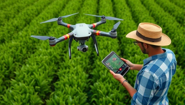 Agricultural drone hovering over a lush green field, capturing high-resolution images of crops below, with a farmer analyzing the drone data on a tablet, illustrating precision farming and technology integration in modern agriculture.
