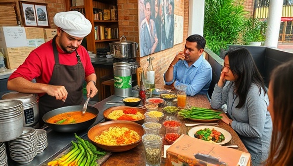 An interactive virtual food tour experience featuring a culinary expert cooking a local dish, vibrant spices and ingredients arranged neatly, and participants engaged in a live tasting session, capturing the essence of a cultural food journey.