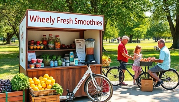 An outdoor setting with Wheely Fresh Smoothies stand featuring a colorful array of organic fruits and vegetables, a pedal-powered blender in action, and customers enjoying freshly blended smoothies in a scenic park, creating a vibrant and healthy lifestyle vibe.