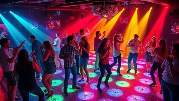 An energetic nightclub scene with people dancing on the EcoGroove Energy floor, surrounded by colorful lights and music, showcasing the fusion of entertainment and sustainability through kinetic energy generation.