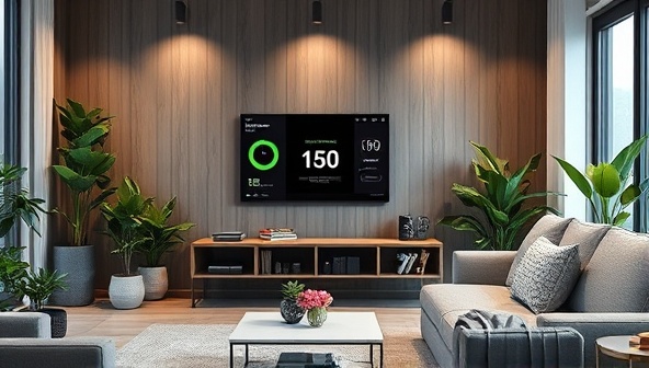 A modern living room setting with a sleek energy monitoring display showing real-time energy consumption data, surrounded by energy-efficient appliances and green plants, illustrating a smart and sustainable lifestyle.