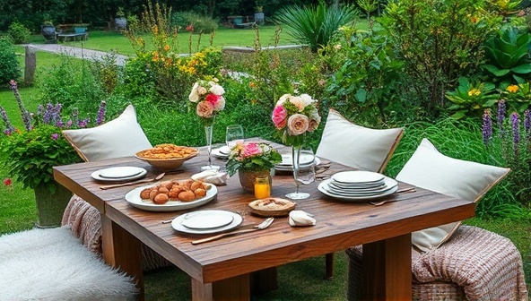 A beautifully styled picnic setup in a lush garden with a rustic wooden table adorned with gourmet dishes, floral arrangements, elegant tableware, and plush cushions, creating a picturesque and inviting ambiance for a luxurious outdoor dining experience.