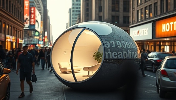 An urban setting with a sleek, futuristic pod glowing softly, surrounded by bustling crowds, conveying a peaceful oasis amidst the chaos of city life.