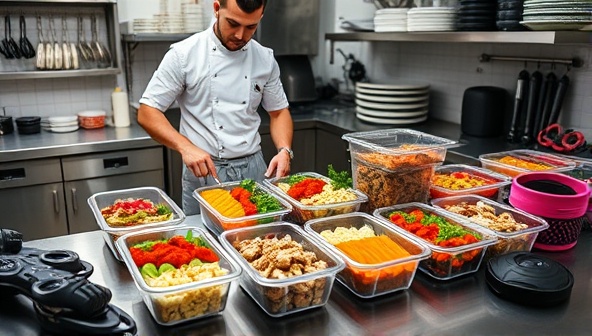 A professional kitchen scene with a chef preparing customized meal prep containers filled with colorful, nutritious dishes, surrounded by sports equipment and fitness accessories, highlighting the intersection of food and fitness in optimal performance.
